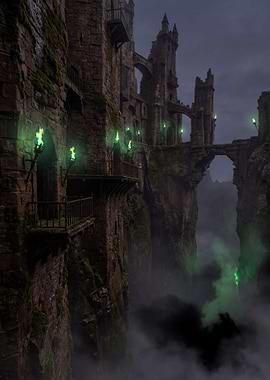 Gothic Castle Fortress with Green Magic Fire