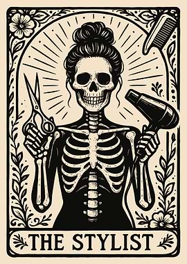 The Stylist Poster, Skeleton Hairdresser Wall Art, Funny Salon Hairstylist Illustration Print