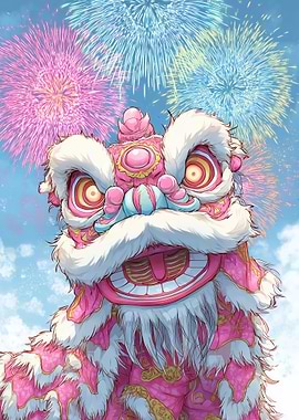 Chinese Lion Dance with Fireworks