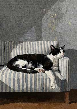 Cat Nap on Striped Armchair