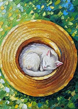 Sleeping Cat in Hat Oil Painting