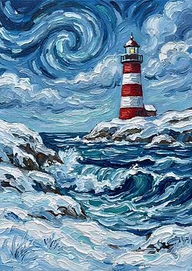 Winter Lighthouse Seascape Painting