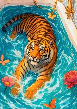 Tiger in Bathtub with Flowers