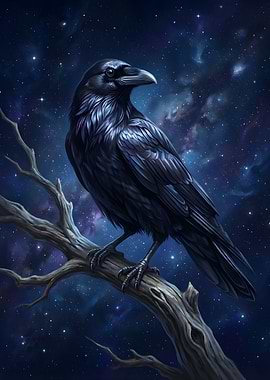 Raven Perched on Branch at Night