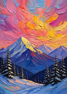 Mountain Sunset Oil Painting - Swirling Winter Landscape Art