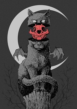 Surreal Cat with Skull and Moon