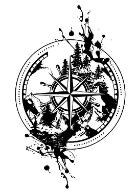 Compass with Mountain and Forest Landscape