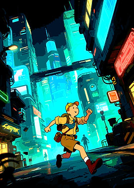 Tintin in a Cyberpunk Cityscape