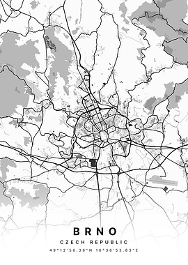 Brno Czech White and Black Map