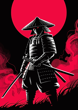 Samurai Warrior with Katana and Red Moon