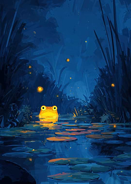 Frog in a pond at night