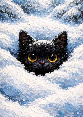 Cute Black Cat Peeking from Snow - Black Cat Impasto Oil Painting Wall Art