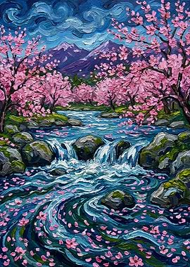 Cherry Blossom River Landscape Painting