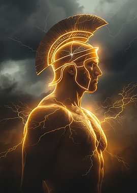 Glowing Spartan Warrior in Storm