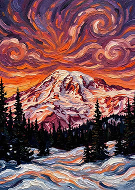 Mount Rainier Impasto Painting at Sunset