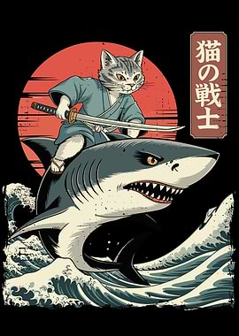 Cat Samurai Riding Shark Illustration