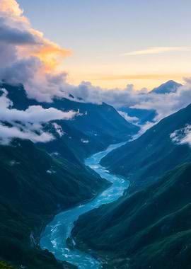 Mountain River Valley at Sunset