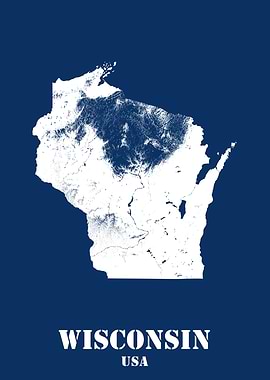 Wisconsin USA State Minimalist White Topographic Contour Relief Map featuring terrain on navy blue background