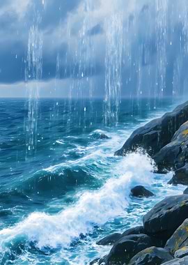 Ocean Waves Crashing on Rocky Shore