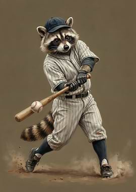 Raccoon Baseball Player Hitting Ball