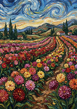 Floral Field Painting with Swirling Sky