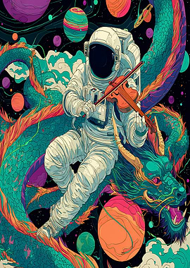 Astronaut playing violin on dragon