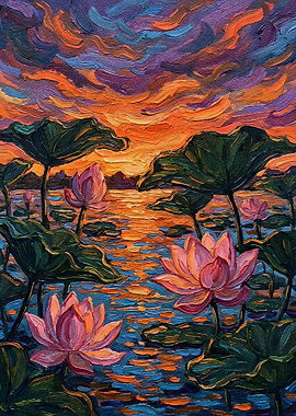 Lotus Flowers at Sunset Painting