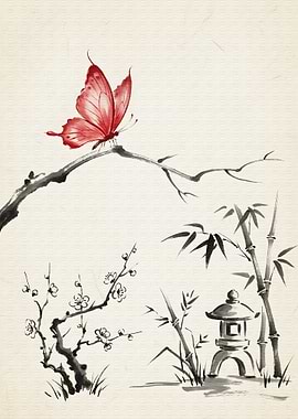Red Butterfly Japanese Ink Painting