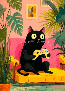 Black Cat Gamer Surrounded by Plants