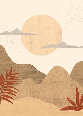 Minimalist Landscape with Sun and Mountains