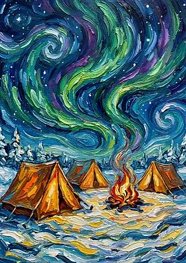 Aurora Borealis Camping Oil Painting