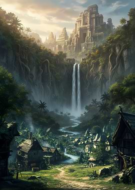 Tropical Village with Ancient Ruins