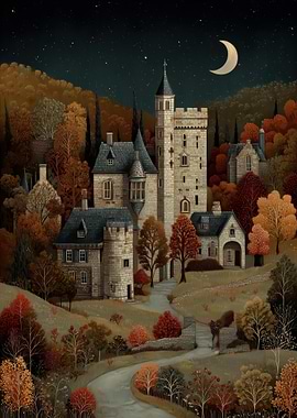 Autumn Castle Under Crescent Moon