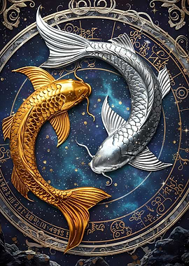 Pisces Zodiac Sign with Gold and Silver