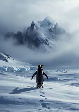 Penguin in Antarctica with Mountain Backdrop