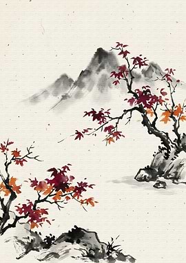 Japanese Ink Painting: Mountains and Maple