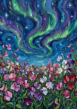 Floral Field Under Aurora Borealis Painting