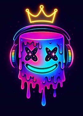 Neon Marshmello with Crown and Headphones