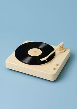 Turntable on Blue Background - Retro Vinyl Record Player