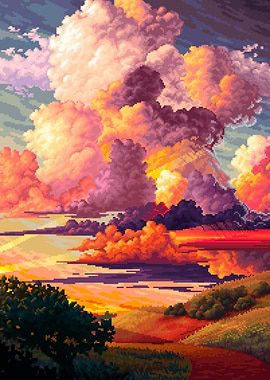 Pixel Art Sunset Landscape with Clouds