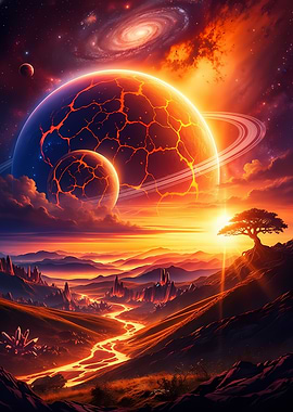 Fiery Planet Landscape with Rings