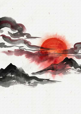 Red Sun Sumi-e Landscape Painting