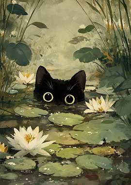 Black Cat in Lily Pond Painting