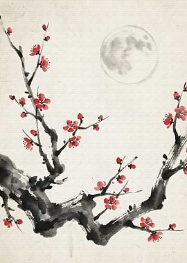 Japanese Plum Blossoms and Moon Painting