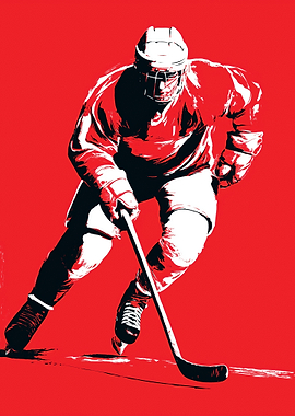 Hockey Player in Action, Red Background
