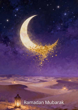 Ramadan Mubarak Crescent Moon Made of Golden Light – Spiritual Islamic Artwork