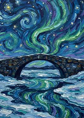 Aurora Borealis over Stone Bridge Painting