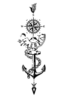Anchor, Compass, and Clock Tattoo Design