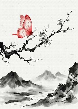Butterfly and Blossom Ink Landscape