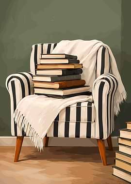 Striped Armchair with Books and Blanket